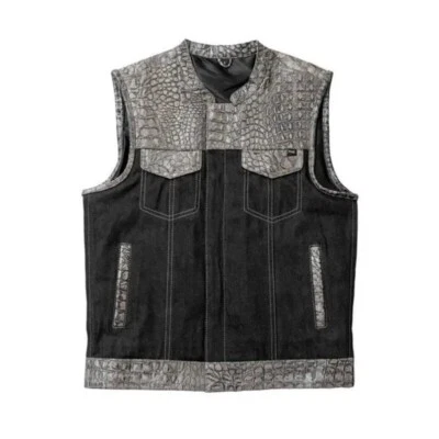 Chaleco de motocicleta de cuero encerado gris para hombre - Placa de cocodrilo negro Denim Bikers Foto 1 de 4