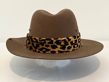 Golden Gate Brown Hat, Leopard Print Band 100% Wool with Chin Strap Size Large