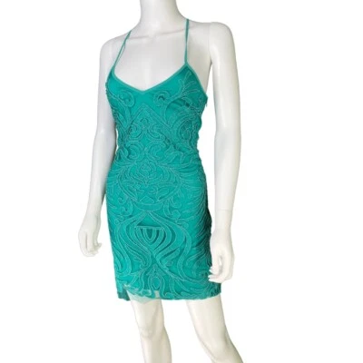 Party Formal Short Spaghetti Strap Prom Green Beaded Embroidery Dress Sz Medium - Image 1 of 4