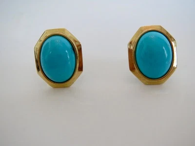 Conjunto de bisel de oro amarillo de 14K BELLA DURMIENTE PENDIENTES TURQUESA .65" POR .50" tachuelas Foto 1 de 4
