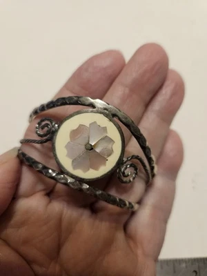 Vtg Mex Silver Bracelet Sm Cuff Inlaid Abalone Mother Pearl Alpaca New NT 15442☆ - Image 1 of 4