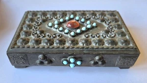 Vintage Bronze Zigaretten Tabak Dose Karneol und Türkis Steine - Bild 1 von 6