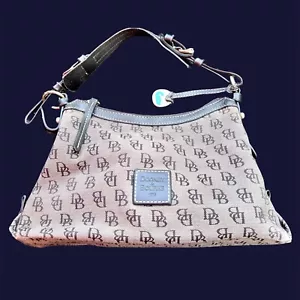 Vintage Dooney & Bourke Signature Monogram Canvas Hobo Bag Leather Trim - Picture 1 of 11