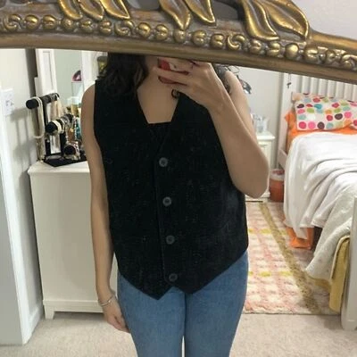 Chaleco de Gamuza Vintage L 100% Cuero Negro Botón Sedoso Satén Ruta 66 Bolsillos Foto 1 de 4