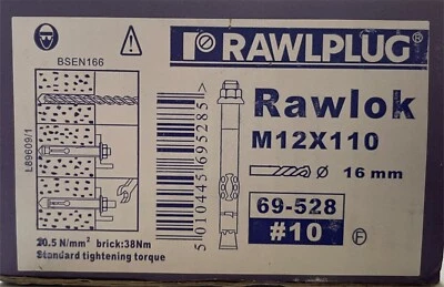 PERNOS DE ANCLAJE MANGA RAWLPLUG RAWLOK M12 x 110mm CAT NO: 69-528 (PAQUETE DE 10) NUEVOS EN CAJA Foto 1 de 3