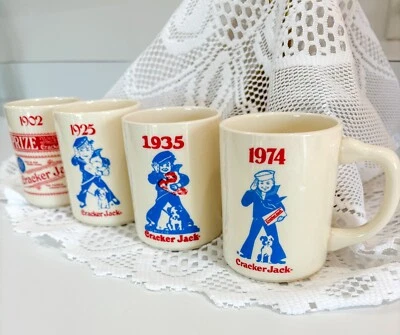 Cracker Jack Mugs Cups Ceramic Years 1902 1925 1935 1974 Ads Candy Logo Vintage - Image 1 of 4