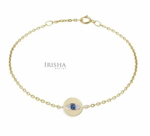 DIAMOND BLUE SAPPHIRE EVIL EYE DISC CHARM 14K GOLD CHAIN BRACELET FINE JEWELRY - Picture 1 of 3