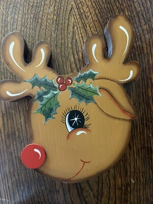 TOLL HAND PAINTED WHIMSICAL RUDOLPH REINDEER WOOD TRIVET - Image 1 of 3