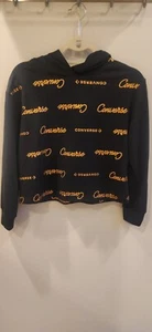 Converse Gold All Over Logo  Pullover Hoodie Crop Black Youth Large Sweatshirt  - Picture 1 of 7