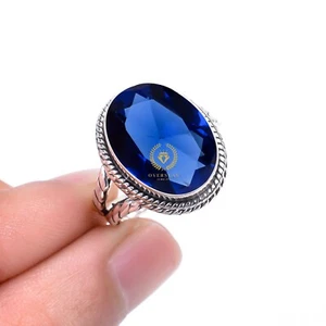 Blue Sapphire Lab-Created Ring Handmade Ring 925 Sterling Silver Ring - Picture 1 of 4