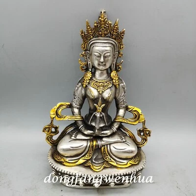 Tibet Silver White Copper Gilt Guan Yin Amitayus longevity God Goddess Statue - Image 1 of 4