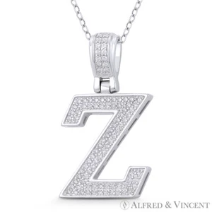Initial Letter "Z" Block Script CZ Crystal 925 Sterling Silver & Rhodium Pendant - Picture 1 of 1