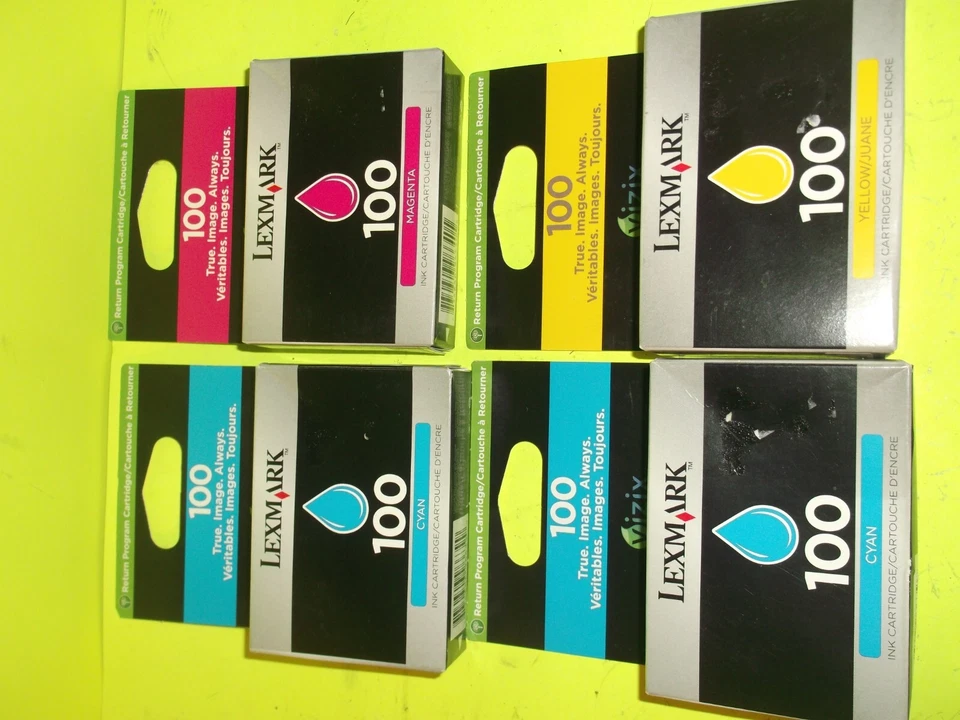 (4) GENUINE LEXMARK 100 INK CARTRIDGES-2 CYAN 1 YELLOW 1 MAGENTA - Image 1 of 1
