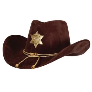 Adult DELUXE Sheriff Hat Suede Gold Star Trim Brown Rodeo Western Outlaw Cowboy - Picture 1 of 2