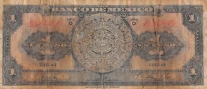 Mexico  1  Peso  7.7.1943  Series O  Circulated Banknote Tx5 - Picture 1 of 2