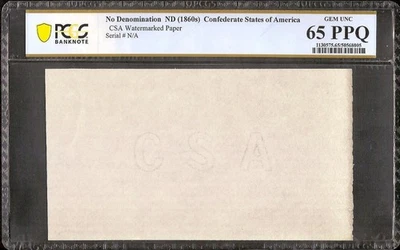CAPTURED CONFEDERATE STATES CSA WATERMARK PAPER BLOCK CIVIL WAR PCGS 65 PPQ - Image 1 of 2