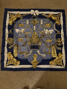 Hermès Étriers  Vintage Blue  Silk Scarf- BEAUTIFUL!!! - Picture 1 of 9