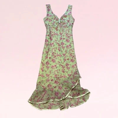 vintage chiffon fairy dress romantic ruffle green pink floral maxi boho y2k XS - Image 1 of 4