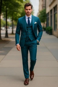 Hombres Azul Calce Ajustado Fiesta Baile de graduación Formal Negocios Novio Esmoquin Boda Traje 3 Piezas - Imagen 1 de 8
