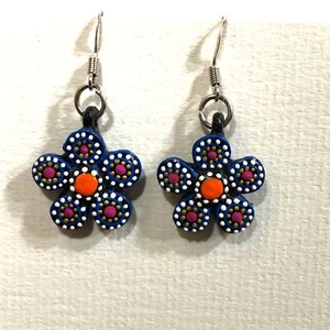 Hand Painted Flower Earring Colorful Pierced Hook Orange Blue Pink Retro Boho - Picture 1 of 6