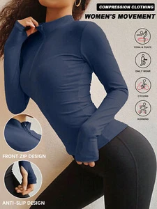 Womens Long Sleeve Workout Tops Quarter Zip Pullover Crop Yoga Athletic Shirts - Picture 1 of 6