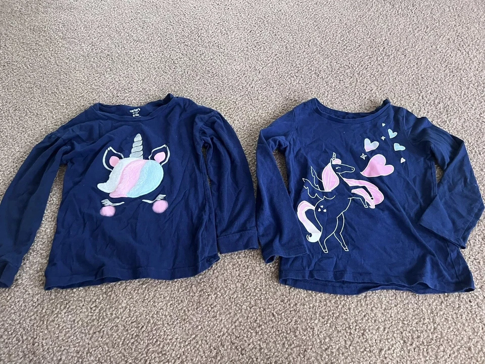 2 Carters Girls Long Sleeve Shorts Tops 6/6x Unicorn Navy - Image 1 of 4