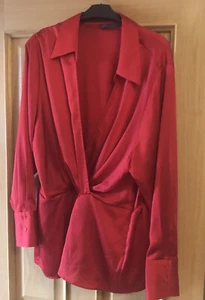 Marks And Spencer Red Satin Look Front Twist Wrap Peplum Blouse Size 20 - Picture 1 of 3