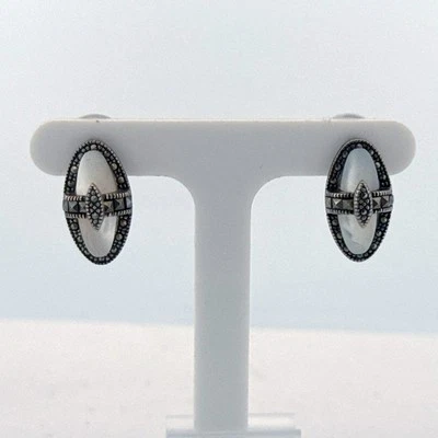 Estate Sterling Silver 925 Oval Marcasite Mother of Pearl EZ Back Stud Earrings - Image 1 of 4