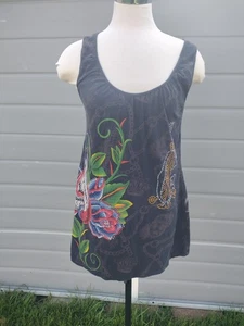 Christian Audigier Y2K Womens Black Rhinestone Roses Tank Top Blouse M - Picture 1 of 11