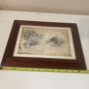 19th Century Architectural Creek House Barn Pencil Art Drawing Signed By GW #1C - Picture 1 of 8