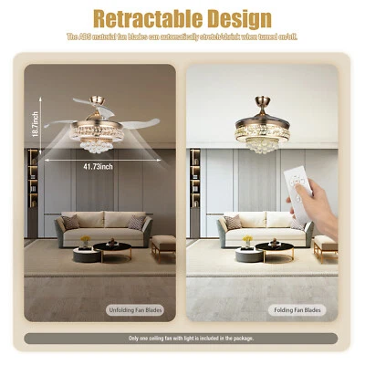 TBVECHI 42" Invisible LED Ceiling Fan Light Crystal Retractable Chandelier Lamp w/Remote