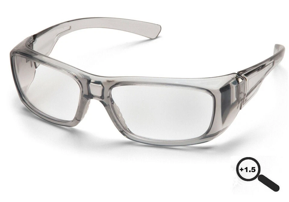 PYRAMEX GRAY CLEAR FULL READERS Magnifying Protective Reading Safety Glasses +1.5 Z87+