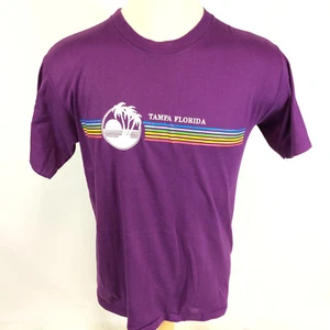 Rare Vintage Tampa Florida Rainbow Stripe Purple Palm Surf Sun Beach T Shirt 80s - Picture 1 of 4