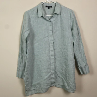 Lafayette 148 Top Womens Small Blue Linen Minimalist Work Shirt Flowy Tunic - Image 1 of 4