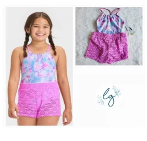 Girls Cat & Jack One piece Swimsuit/Matching Coverup Shorts Purple M NWT - Picture 1 of 7