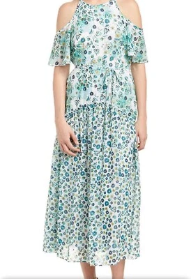 Donna Morgan Blue Green Floral Cold Shoulder Belted Midi Dress Women’s Size 2 - Image 1 of 4