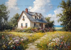 CHARMING COUNTRY COTTAGE ART PRINT, Rustic Home Wall Decor, Flowers House Poster - Picture 1 of 2