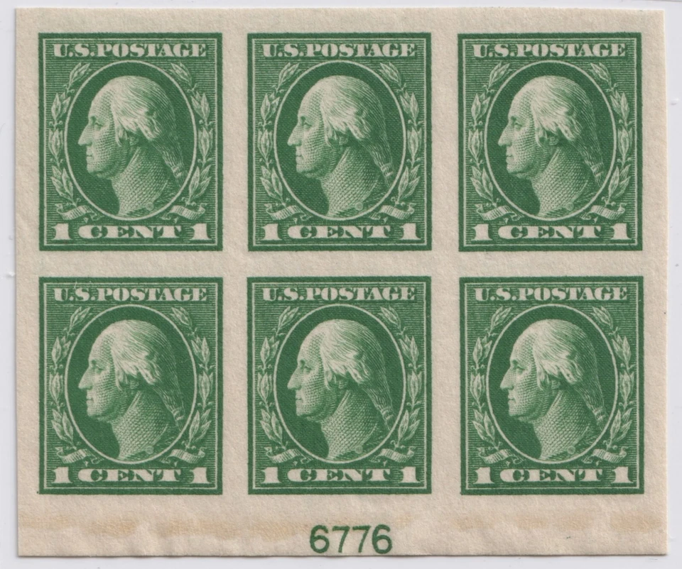 1912 US SC 408 Wash. Imperf Bottom  Plate Block of 6 6776 Imprint IX MLH XF/Sup - Image 1 of 2