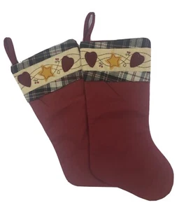 2 Red Christmas Stockings ~ Country Hearts & Star Appliqués ~ Farmhouse ~ 18” - Picture 1 of 7