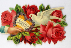 Antique Victorian Era Roses Floral Dove Valentine Card Die-Cut Embossed
