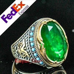 Emerald Stone Turkish Handmade 925 Sterling Silver Unique Mens Ring All Sizes