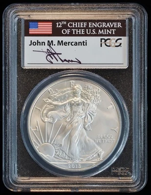 2013 Silver Eagle First Strike John. M. Mercanti Signed PCGS MS 70 - Image 1 of 4
