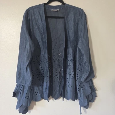 Cárdigan Kate & Mallory Azul Manga 3/4 Imitación Gamuza Corte Láser Cascada Talla 1XL Foto 1 de 4