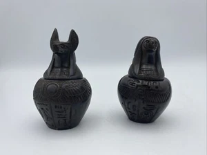 Vintage Ägyptische Mini Überdachungsgläser 2er Set Duamutef (Schakal) & Qebehsenuef (Falke) - Bild 1 von 16