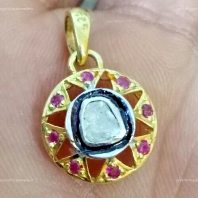 Rose Cut Diamond Charm Pendant, 925 Silver Ruby Gemstone Wedding Gift Pendant - Image 1 of 4