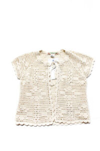 Bonpoint Girls Tie Neck Crochet Short Sleeve Cardigan Sweater Ivory Size 4