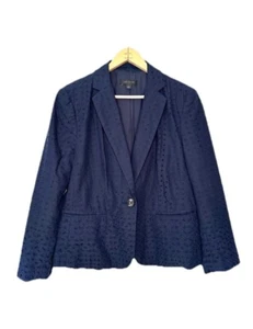 Ann Taylor Blazer Navy Blue Eyelet  Lined Beautiful - Business Casual Sz 14 - Picture 1 of 5