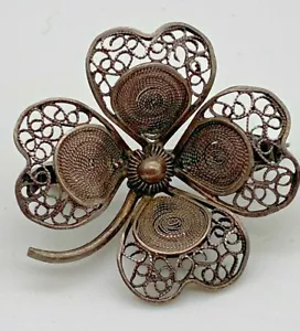 Vintage Sterling Silver 800 4 Leaves Clover Filigree Brooch - Picture 1 of 6
