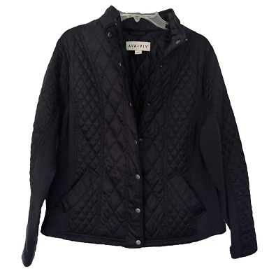 AVA&VIV 夹克黑色 Puffer 绗缝口袋 Snap/Zip 弹力舒适 Plus 1X — 第 1/4 张图片