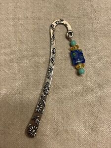 Bookmark 3 Inch Blue And Yellow Flower Bead With Blue And Yellow Accents